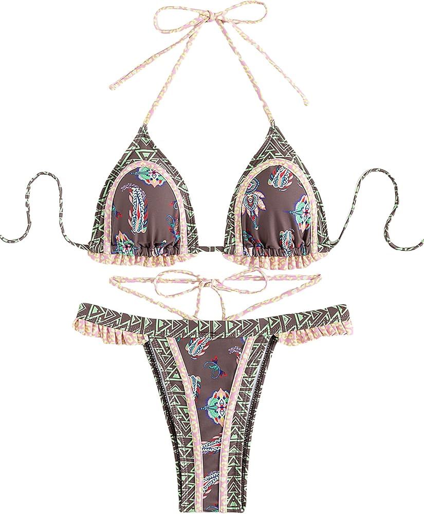 Milumia Women's Boho Floral Geo Print Tie Halter Frill Bikini Sexy Bathing Suit | Amazon (US)