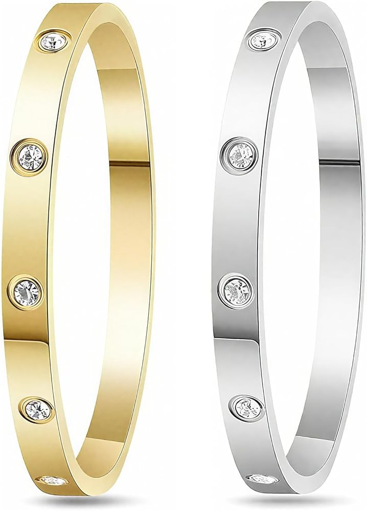 2Pcs 18K Gold-Plated Love Bangle Bracelets set for Women, Stainless Steel Cubic Zirconia Bangle C... | Amazon (US)