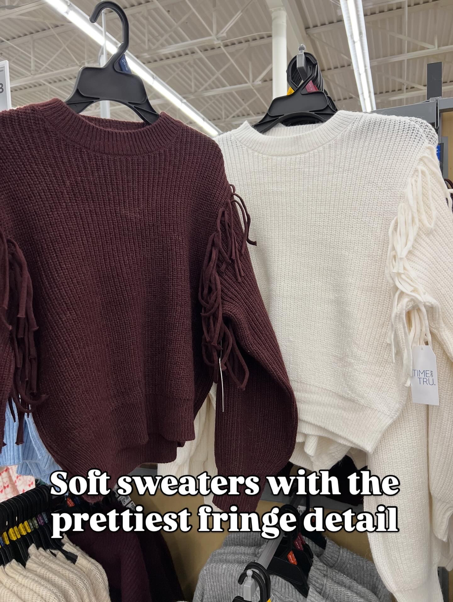 Walmart sweaters with fringe detail, I like these! They have a soft touch and pretty texture. Fit true to size. Go up for oversized fit. #walmartfashion 

#LTKFindsUnder50 #LTKFindsUnder100 #LTKHoliday