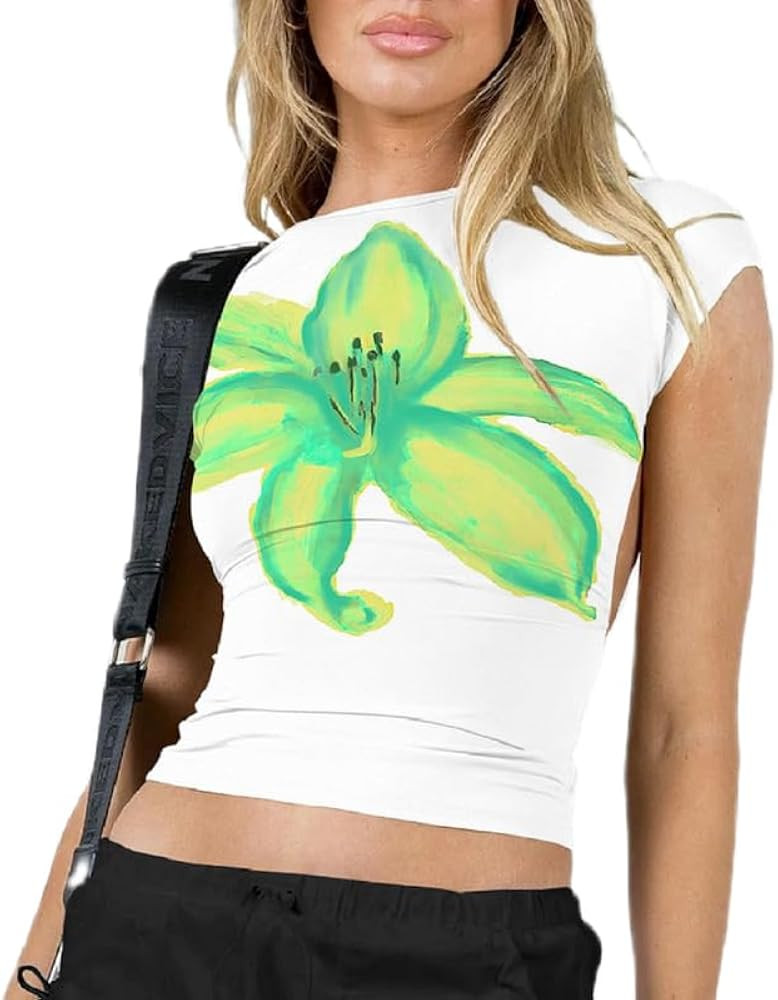 Women's Y2K Flower Baby Tees E-Girls Cute Graphic Short Sleeve T Shirts Summer Aesthetic Print Cr... | Amazon (US)