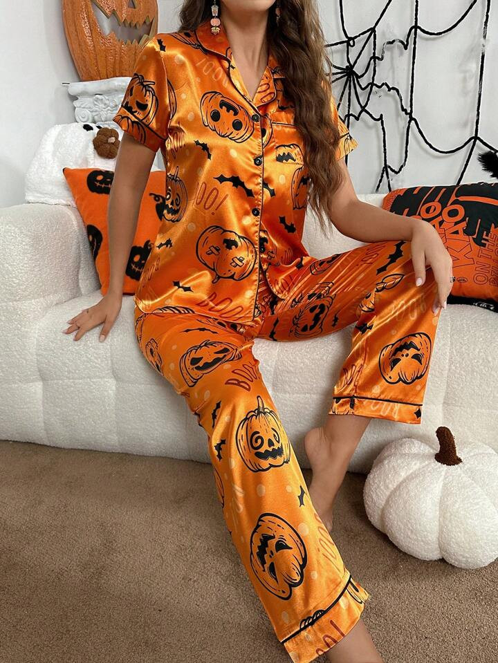 Cartoon Pumpkin Print Color Blocking Short Sleeve & Pants Women Pajama Set | SHEIN