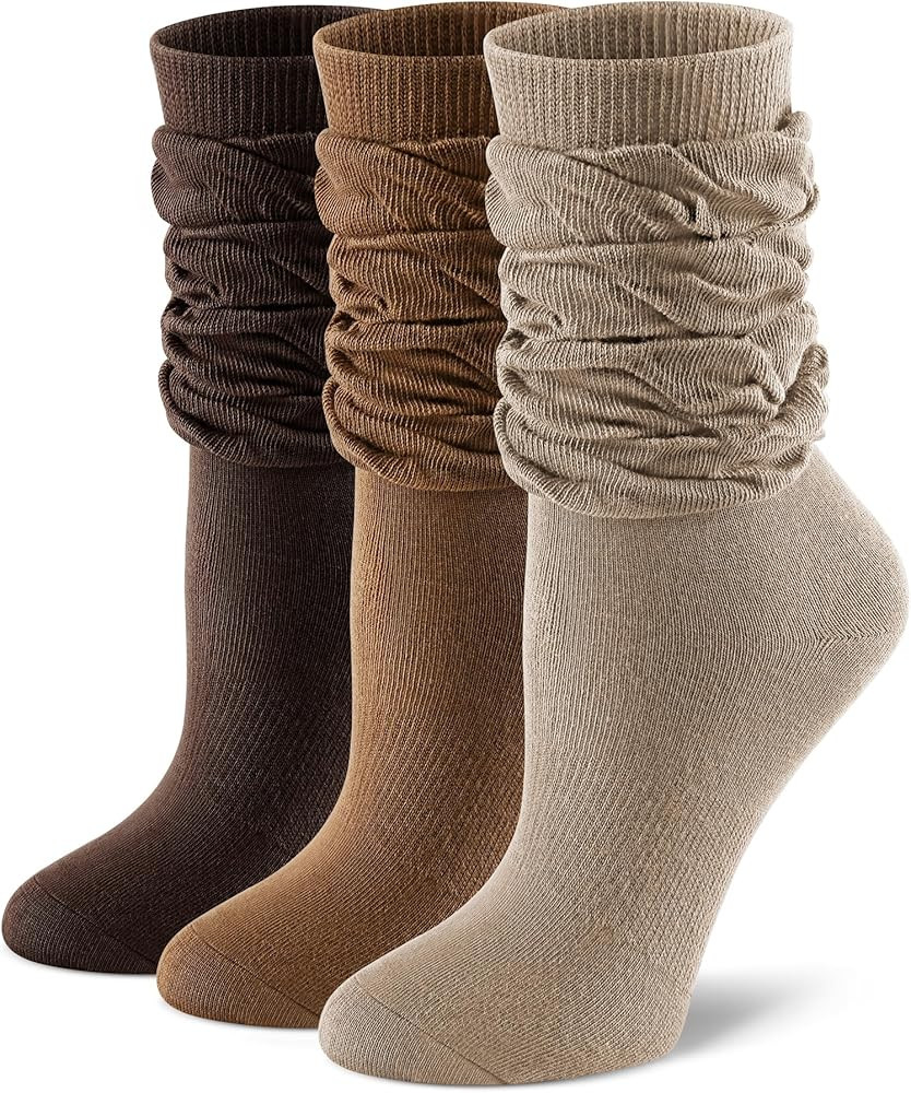 FITRELL Slouch Crew Socks for Women, 3 Pairs Soft Cotton Mid Calf Cute Retro Scrunch Socks | Amazon (US)
