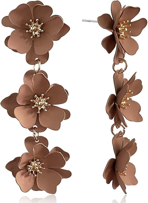 Elegant Bohemian Matte Tiered Triple Flower Dangle Drop Earrings Chic Charm Cute Long Floral Stud... | Amazon (US)