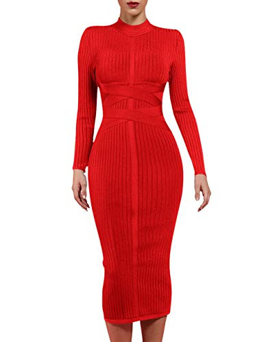 whoinshop Women's Cross Strap Ribbed Bandage Long Sleeve Midi Fall Winter Bodycon Party Dress (XS, Red) | Amazon (US)