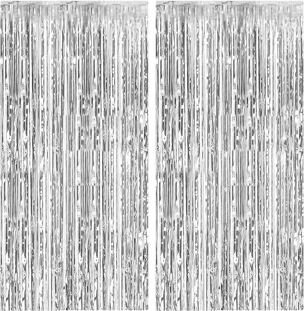 2 Pack Foil Curtain Backdrop Silver Metallic Tinsel Foil Fringe Curtains Photo Booth Props for Bi... | Amazon (US)