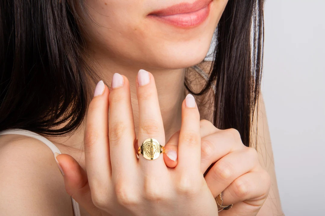 14K Gold Pet Portrait Ring Personalized Cat Photo Ring Memorial Pet Necklace Solid Gold Jewelry G... | Etsy (US)
