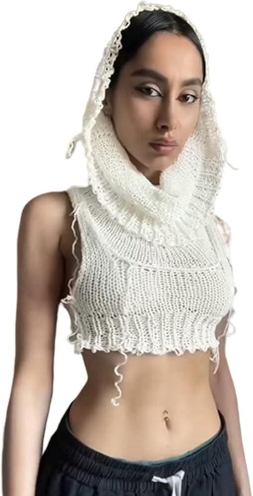 Women Knitted Hoodie Sweater Vest Sexy Sleeveless Hollow Out Hooded Crop Top Streetwear Rave Oufi... | Amazon (US)