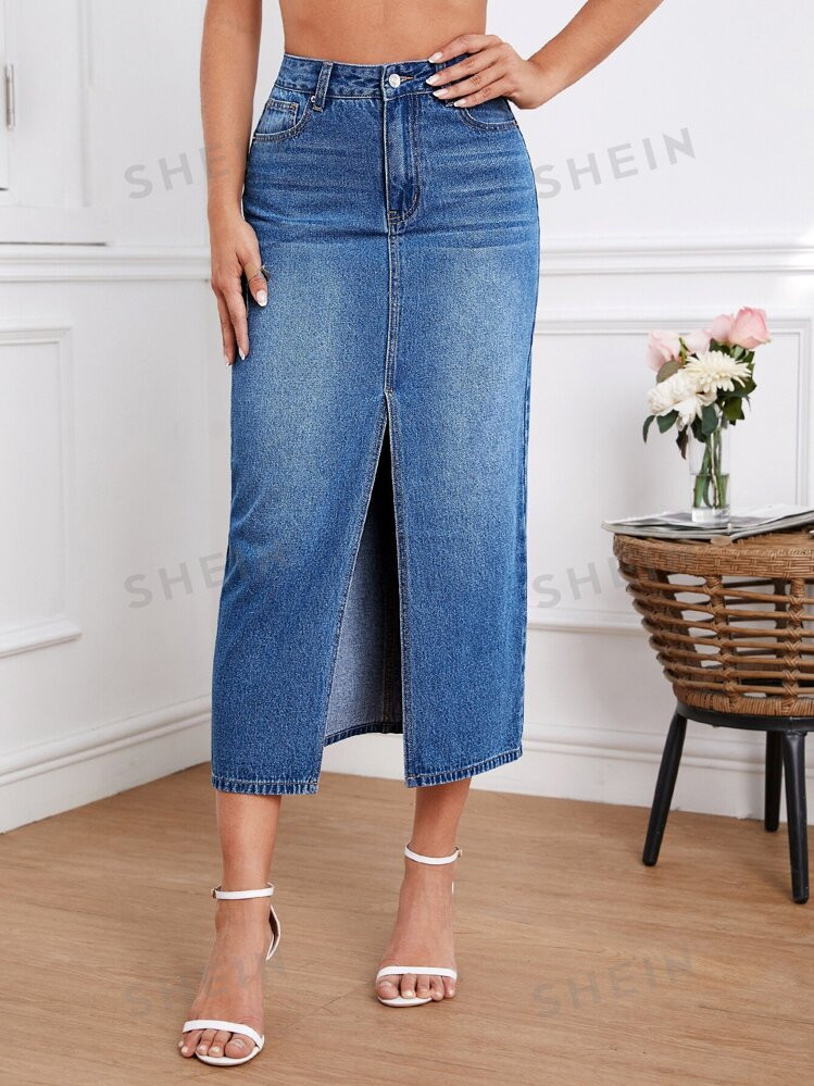 SHEIN Essnce High Waist Slant Pocket Split Thigh Denim Skirt | SHEIN