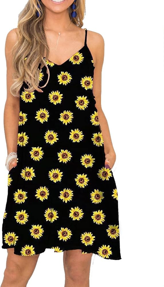 Women's Summer Spaghetti Strap Casual Swing Tank Beach Cover Up Dress with Pockets | Amazon (US)