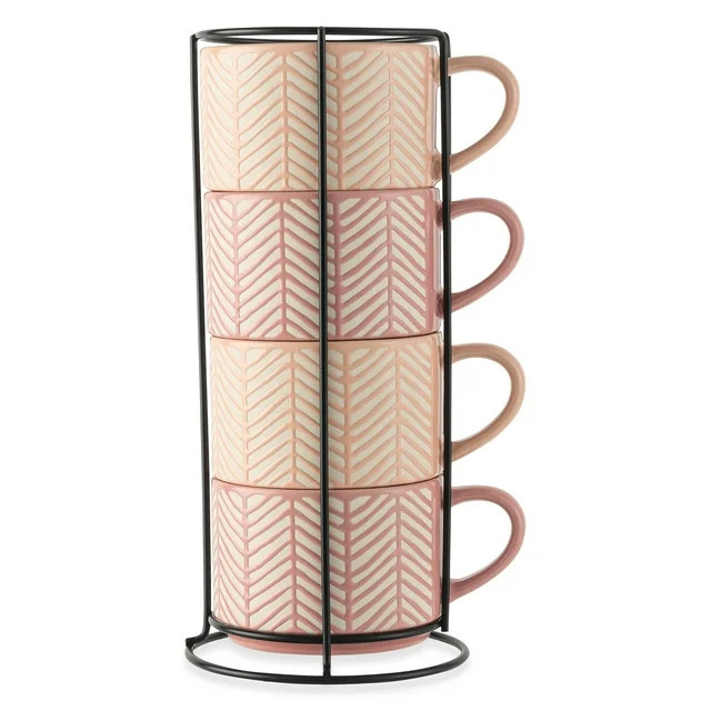 Thyme & Table 4 Pack Stacking Mugs, Pink and White Lines 11.1 fl oz, Stoneware | Walmart (US)