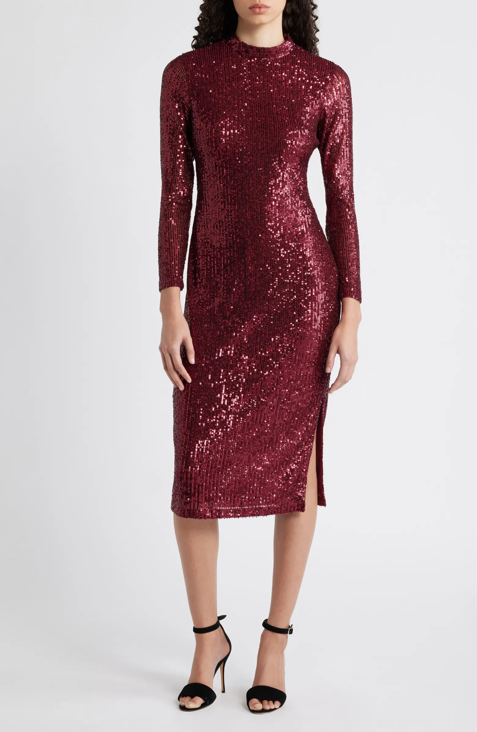Anne Klein Sequin Mock Neck Long Sleeve Midi Dress | Nordstrom | Nordstrom