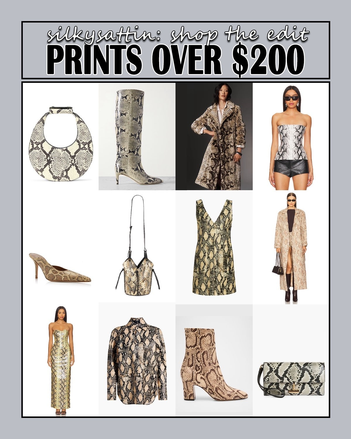 Shop the Edit: Snake Prints Over $200

Whoever said prints are considered a neutral color is a winner in my book! It’s one of my favorite subtle ways of taking any outfit to the next level without trying too hard. Shop these snake print articles in the $200+ price range. I added additional options in “Shop similar products,” all in the same budget. 

Check out my profile for two other snake print posts: one within a $100 budget and one in the $100-$200 price range. With these three options, you're sure to find something you love. 

..And if that’s not enough, we have similar posts for all of the following prints too: cow, crocodile, leopard, and zebra prints! Visit my profile for all things prints.

#faux #cow #croc #crocodile #catprint #leopard #snake #zebra #calfhair #ponyhair #leather #print #pattern 

#LTKItBag #LTKShoeCrush 

#LTKSaleAlert