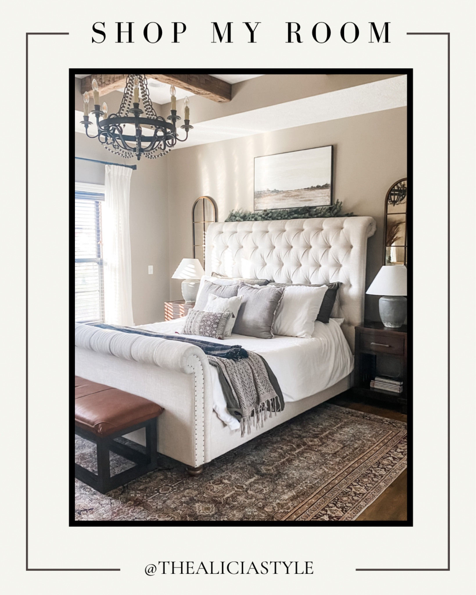 Bedroom design, bedroom inspo, master bedroom, primary bedroom, neutral bedroom, Christmas decor, Christmas garland, Norfolk pine, pine garland, cedar garland, transitional, neutral, McGee, Amber Interiors

#LTKSeasonal #LTKhome