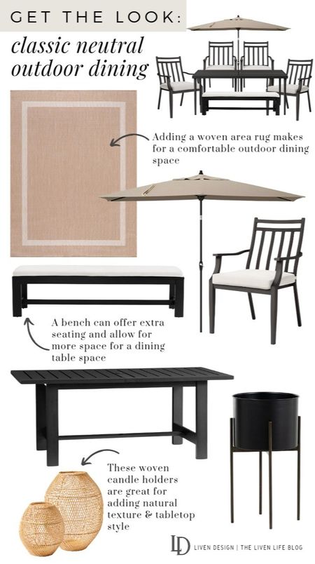 Outdoor dining look. Patio furniture. Outdoor dining table. Outdoor dining chairs. Outdoor dining bench. Outdoor neutral bordered rug. Patio umbrella. Outdoor woven lantern candle holders. Black outdoor plant stand. 

#LTKSeasonal #LTKhome #LTKstyletip
