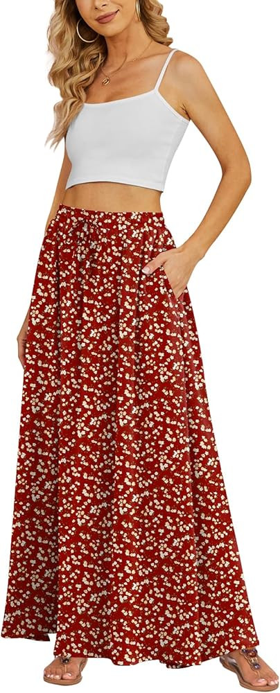 Yincro Women's Flowy Maxi Skirt Summer Pleated High Waisted Casual Long Skirts with Pockets | Amazon (US)