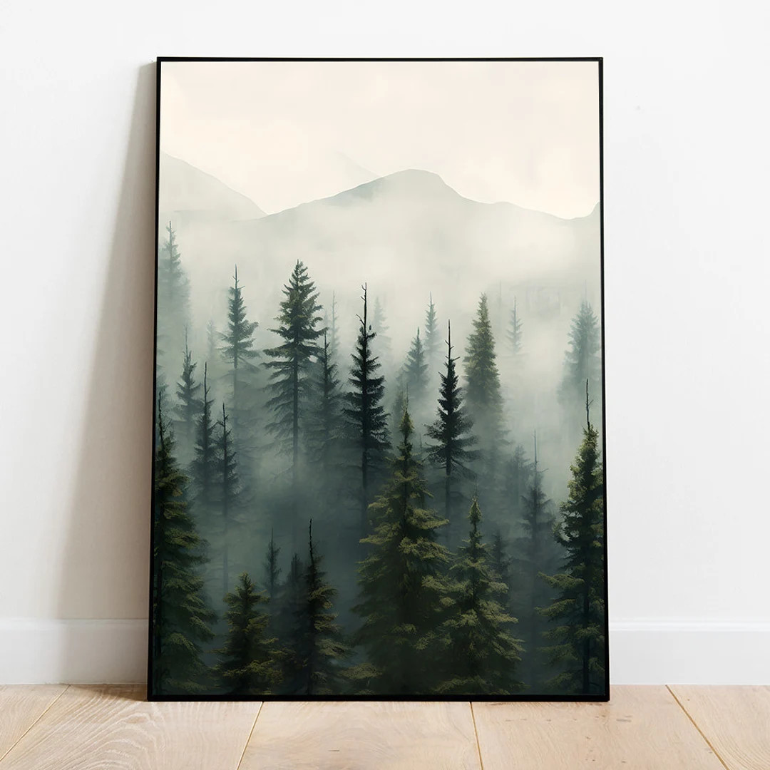 Foggy Forest Poster, Misty Mountain Print, Autumn Landscape, Nordic Poster, Pine Trees Wall Art, ... | Etsy (US)