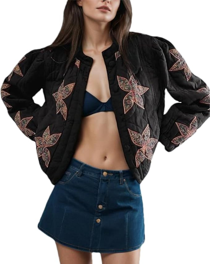 Women's Cropped Floral Quilted Puffer Jackets 3D Printed Lightweight Button Padded Coats with Poc... | Amazon (US)