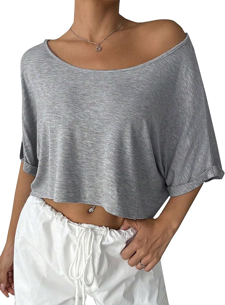 Remidoo Womens Off The Shoulder Short Sleeve Crop Top Asymmetrical Neck Loose Tshirt | Amazon (US)