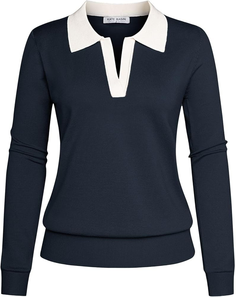 Kate Kasin Women Long Sleeve Polo Sweater V Neck Knitted Tops Casual Ribbed Shirt Loose Pullover ... | Amazon (US)