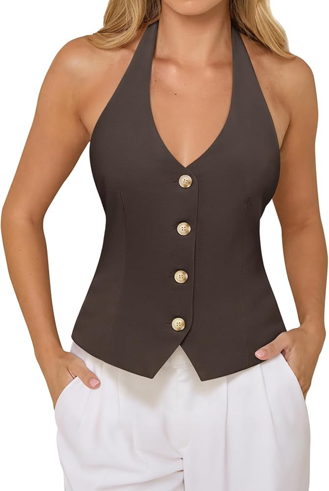 PINKMSTYLE Women's Halter V Neck Suit Vest Top Summer Trendy Sleeveless Button Down Blazer Vest B... | Amazon (US)