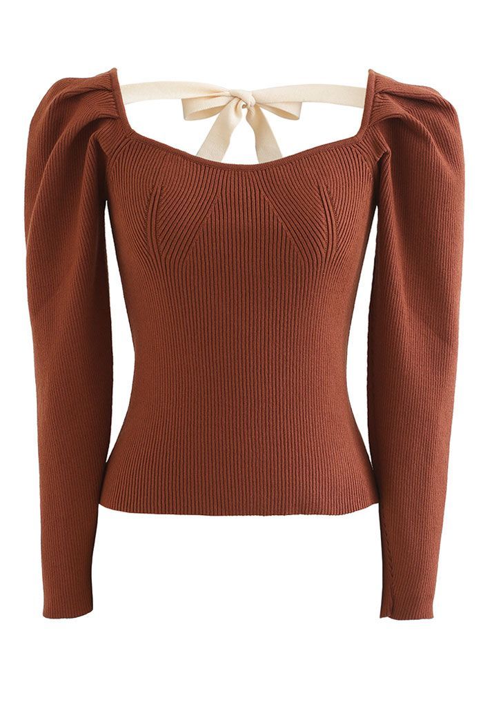 Gigot Sleeve Square Neck Crop Knit Top in Caramel | Chicwish