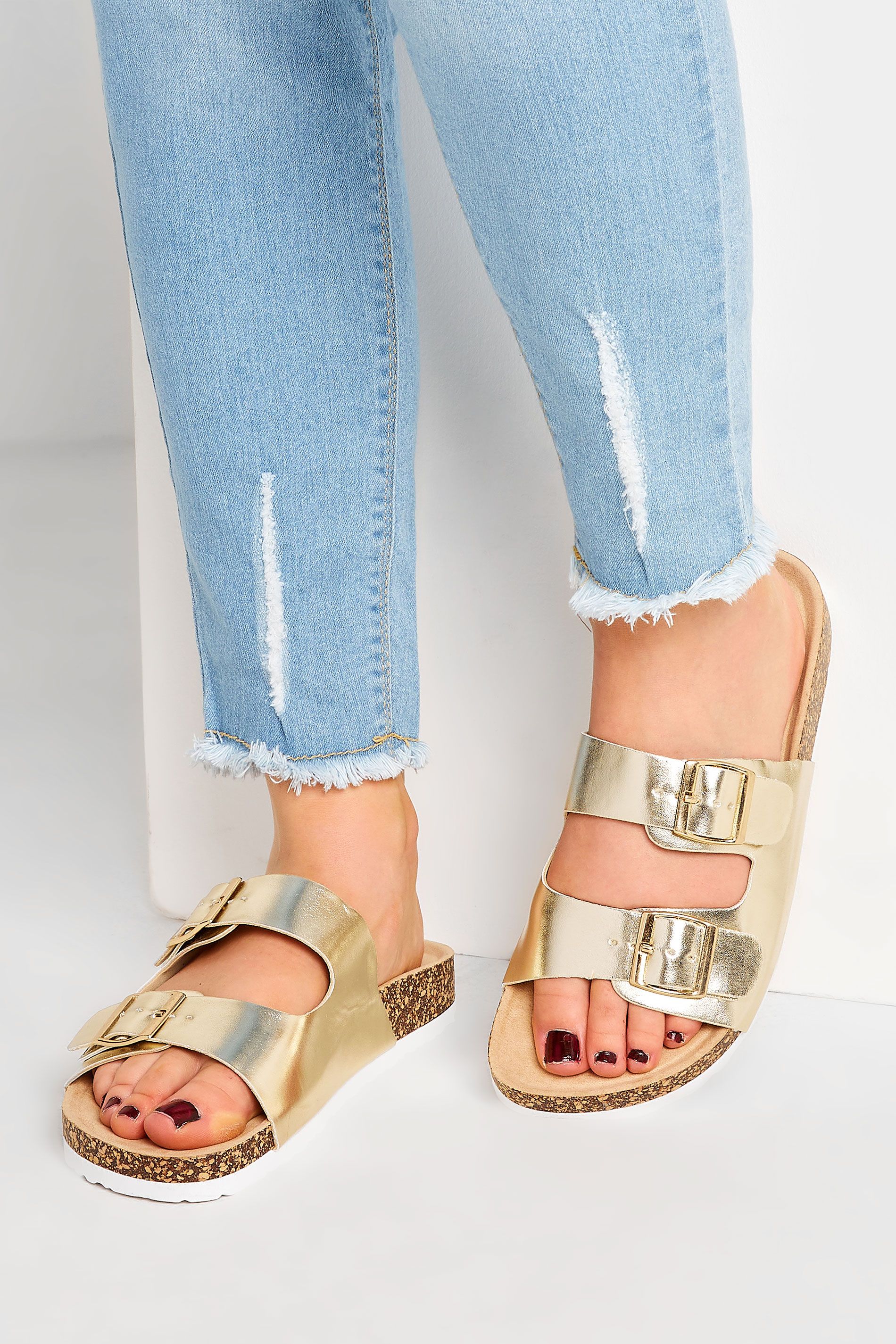 Yours Gold Buckle Strap Footbed Sandals In Wide E fit & Extra Wide EEE Fit | Long Tall Sally