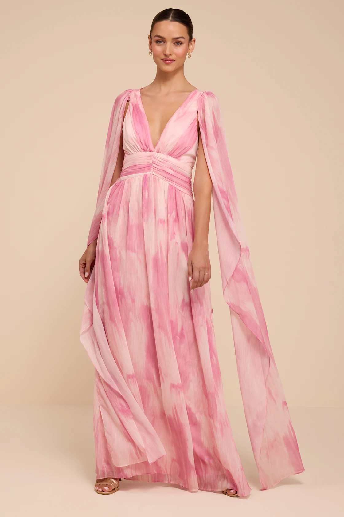Damaria Pink Multi Abstract Cape Sleeve Maxi Dress | Lulus