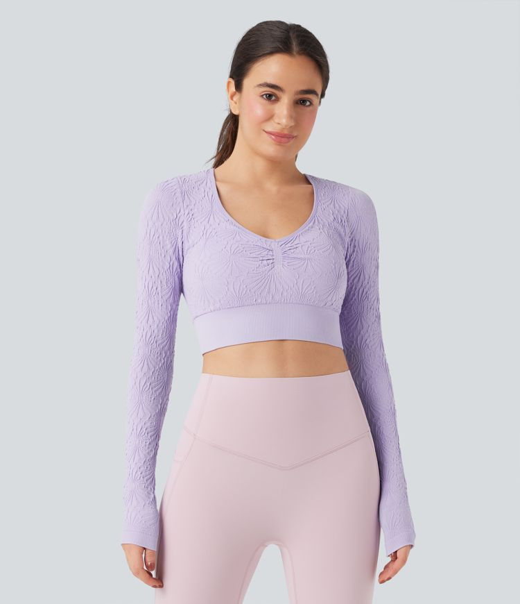 Women’s OneForm Seamless Flow Jacquard Long Sleeve Cropped Slim Yoga Sports Top - Halara | HALARA