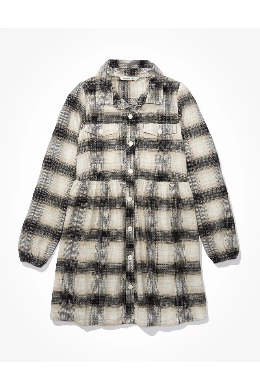 AE Plaid Babydoll Shirt Dress Women's Black M | American Eagle Outfitters (US & CA)