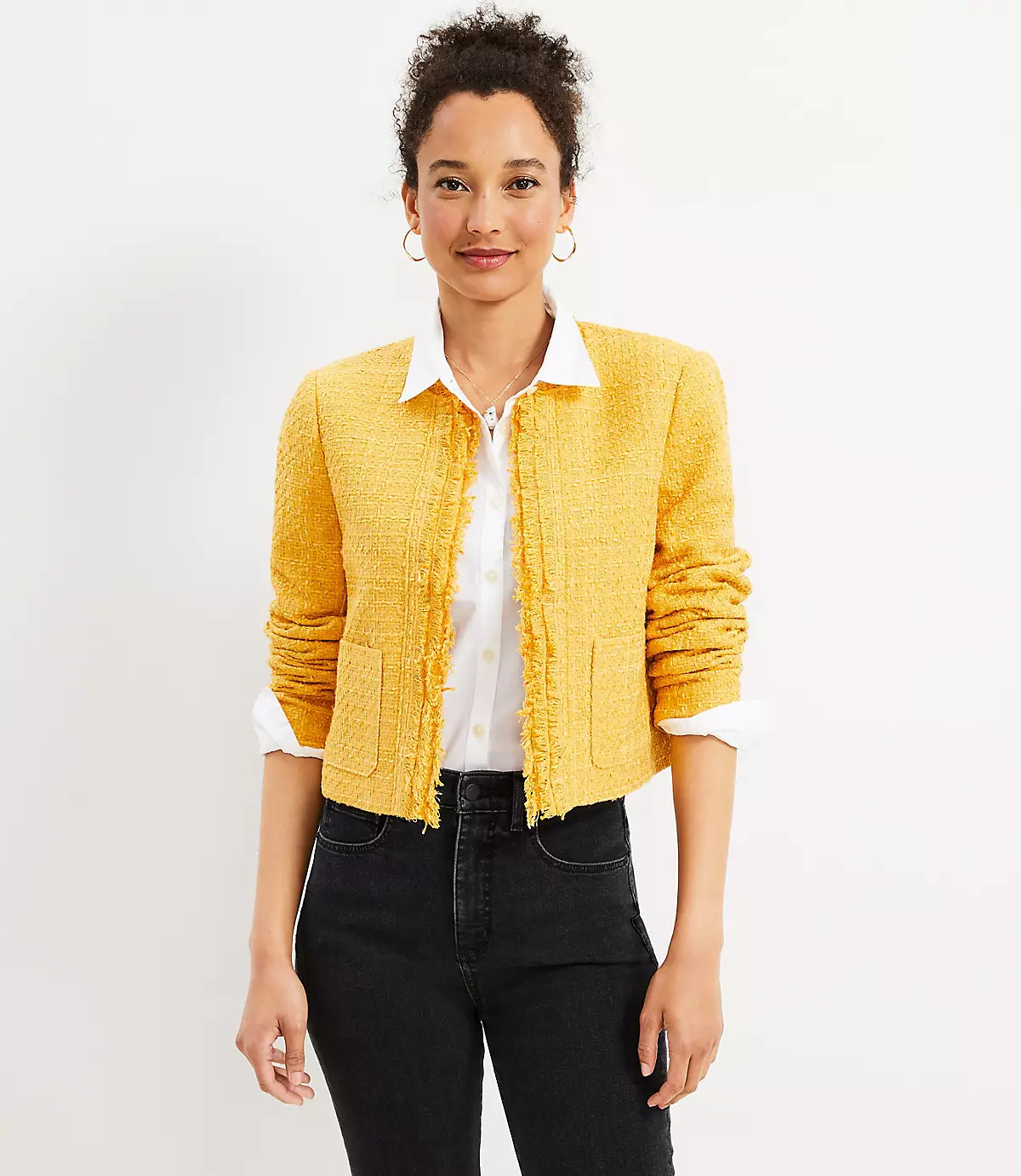 Fringe Tweed Open Jacket | LOFT