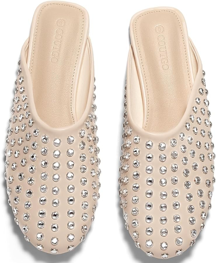Coutgo Women's Rhinestone Mules Flats Sparkly Leather Slip On Shoes Slippers Comfortable Dress Ba... | Amazon (US)