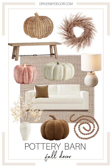 Pottery Barn home decor including a brown throw pillow, leather throw pillow, white couch, area rug, faux stems and vase, wooden bench, table lamp, fall wreath, pumpkin placemat, pumpkin candle, faux white pumpkin, and dark wooden bead decor. 

pottery barn home, pottery barn decor, fall decor, fall home decor, fall style, fall inspiration, home decor, fall looks, living room decor 

#LTKstyletip #LTKSeasonal #LTKhome