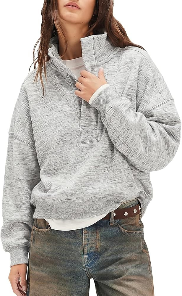 Sweatshirt for Women Long Sleeve 1/4 Button Mock Neck Pullover Tops Casual Outfits Top | Amazon (US)