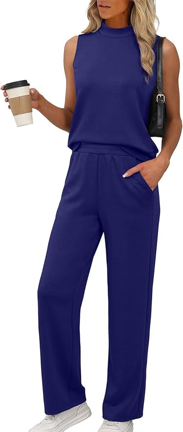 XIEERDUO Two Piece Sets for Women Summer Outfits Travel Mock Neck Lounge Sets Wide Leg Pants Beac... | Amazon (US)