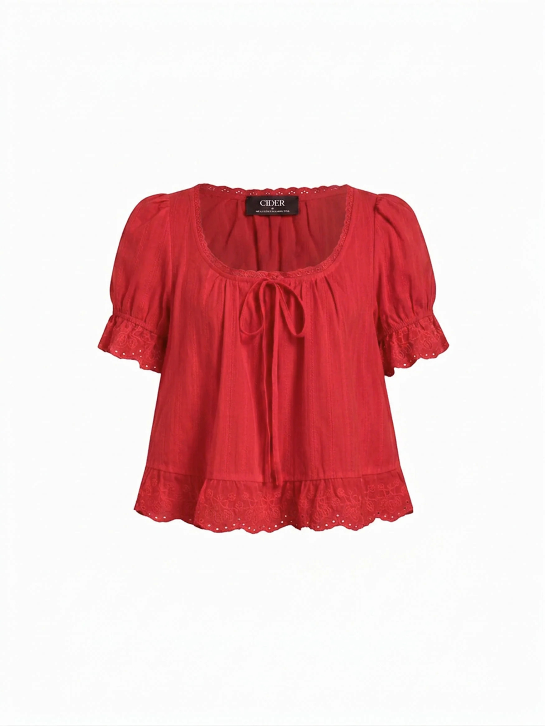 Cotton Lace Trim Knotted Short Puff Sleeve Blouse | Cider