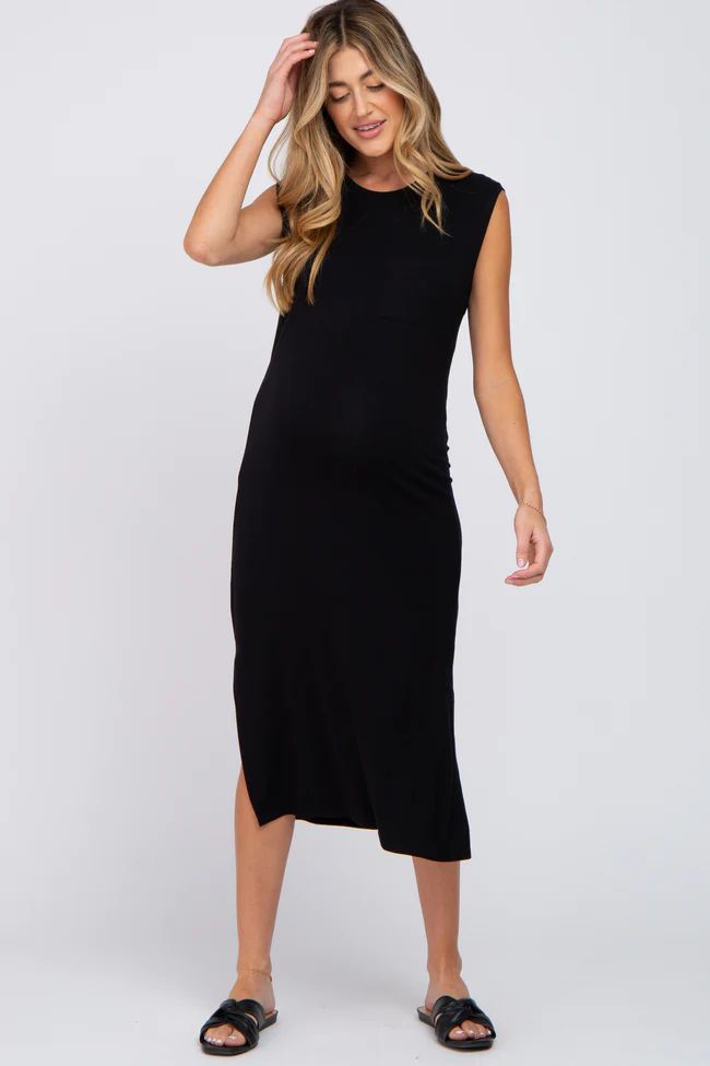 Black Sleeveless Front Pocket Maternity Midi Dress | PinkBlush Maternity