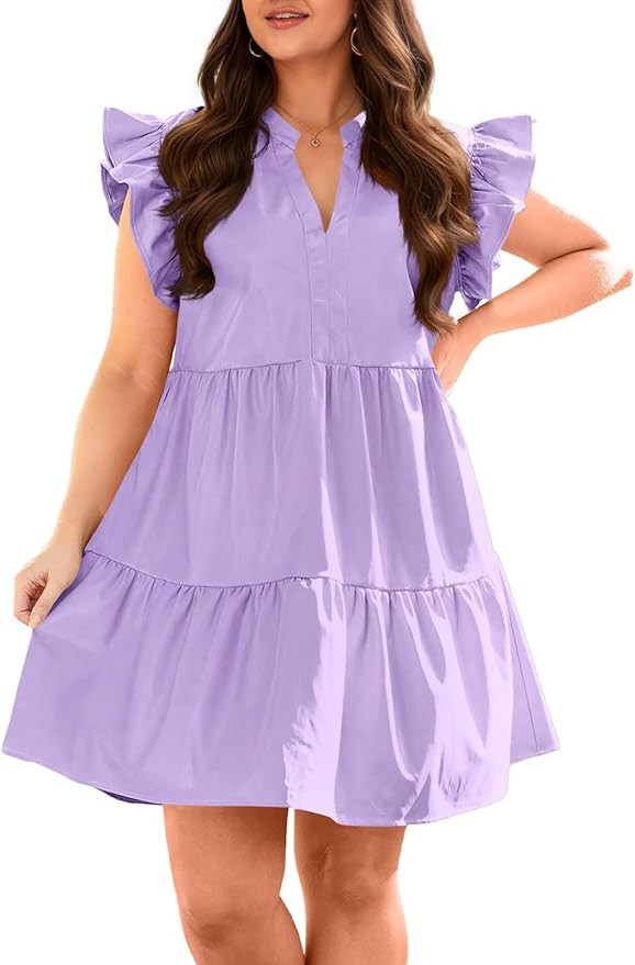 Fisoew Plus Size Dresses for Women Summer Ruffle Short Sleeve V Neck Dress Tiered Swing A Line Ba... | Amazon (US)