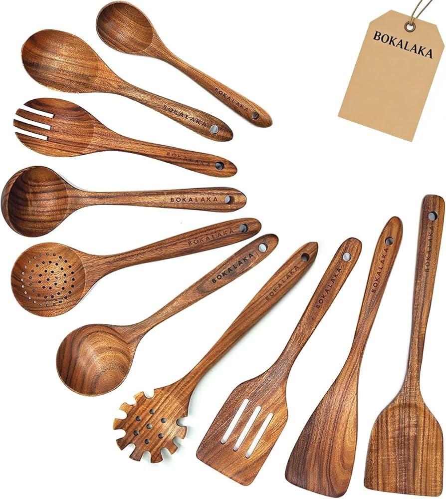 Wooden Spoons for Cooking,10 Pcs Natural Teak Wooden Kitchen Utensils Set Wooden Utensils for Coo... | Amazon (US)