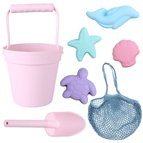 BLUE GINKGO Silicone Beach Toys - Modern Travel Friendly Set | Bucket, Shovel, 4 Sand Molds, Beach Bag | Sand Toys for Toddlers, Kids - Pink | Amazon (US)