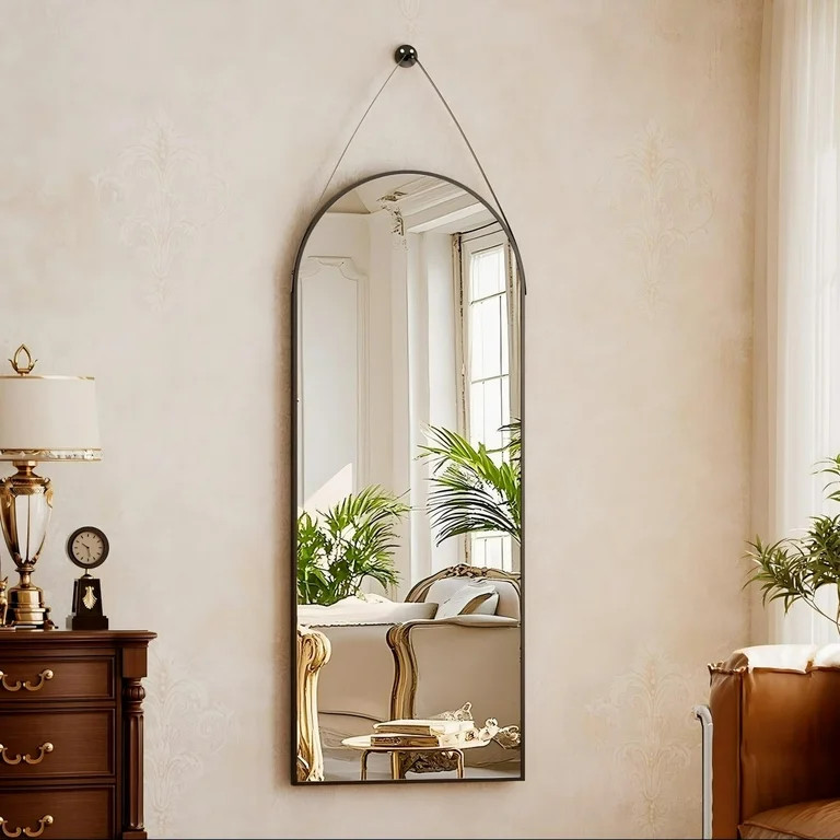 BEAUTYPEAK 48" x 16" Arched Full Length Mirror Hanging Wall Mirrors with Leather Strap, Black | Walmart (US)