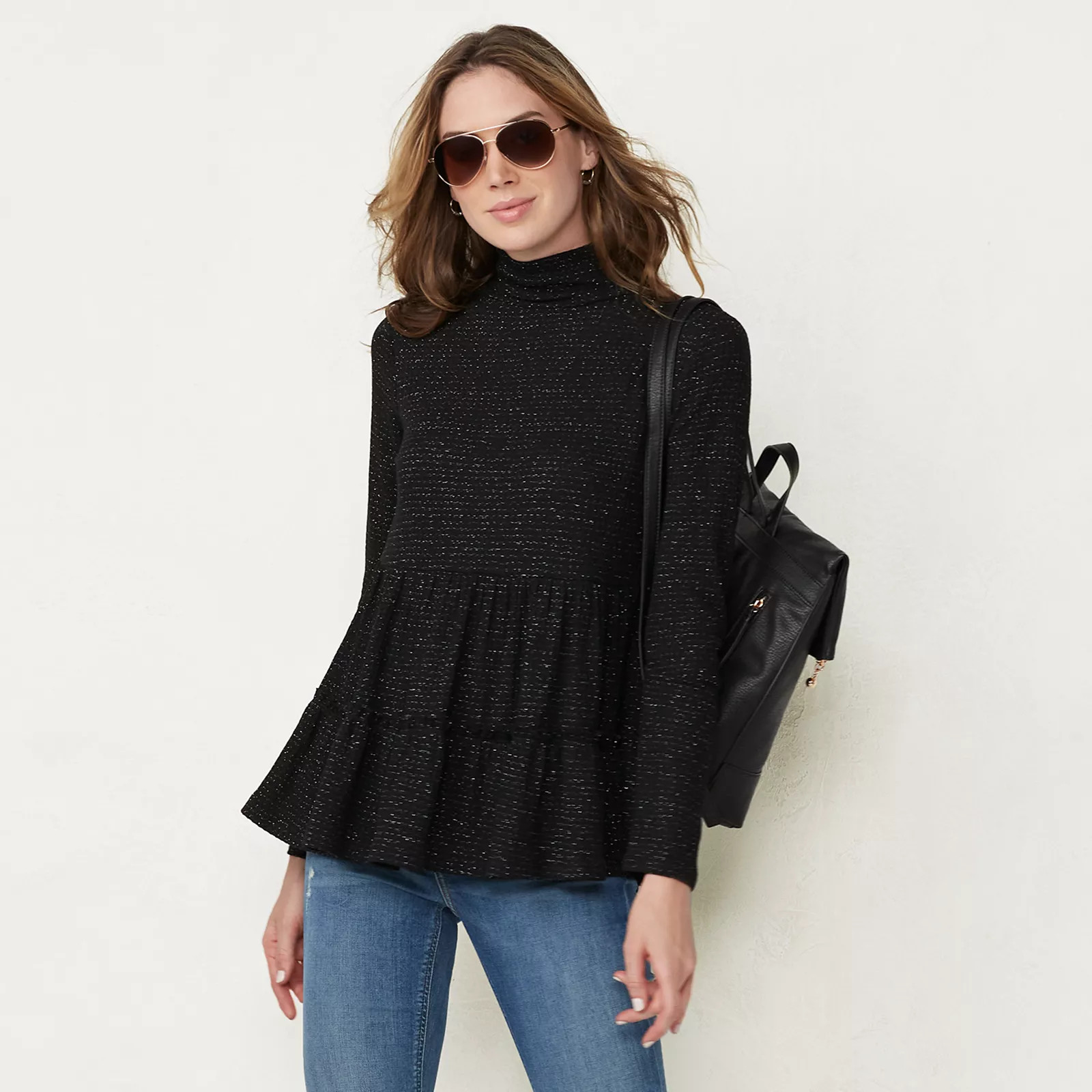Women's LC Lauren Conrad 2-Tiered Turtleneck Top, Size: XXL, Black | Kohl's