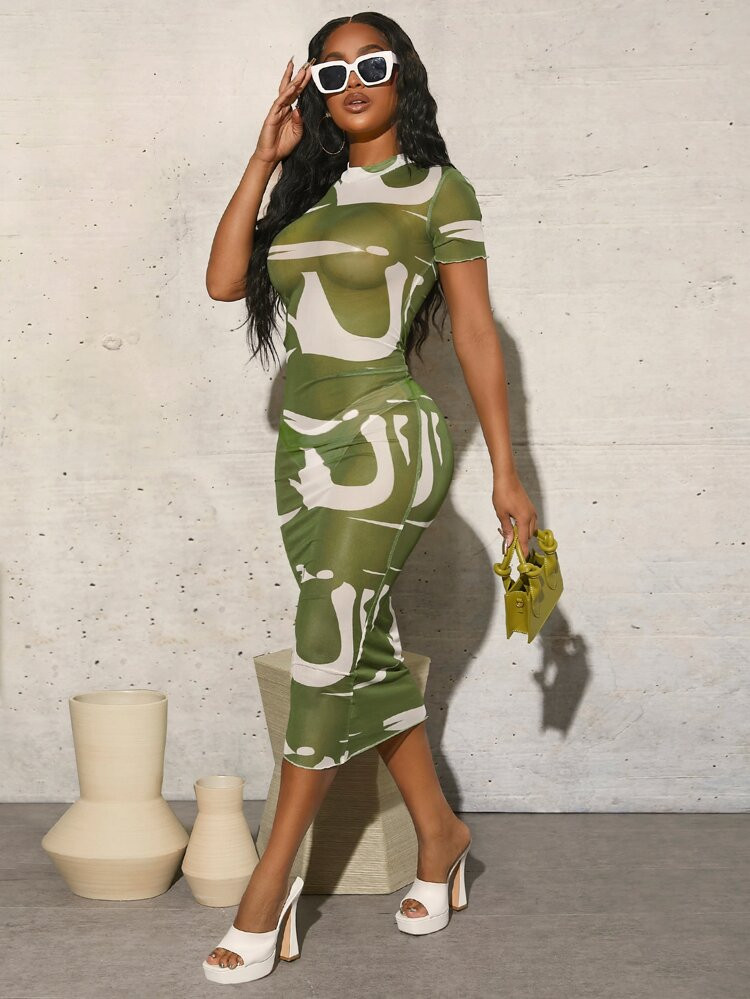 SHEIN SXY Color-block Lettuce Trim Sheer Mesh Bodycon Dress | SHEIN