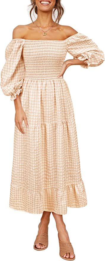 UIMLK Women's Boho Flowy Cottagecore Puff Sleeve Off The Shoulder Summer Casual Plaid Ruffle Midi... | Amazon (US)