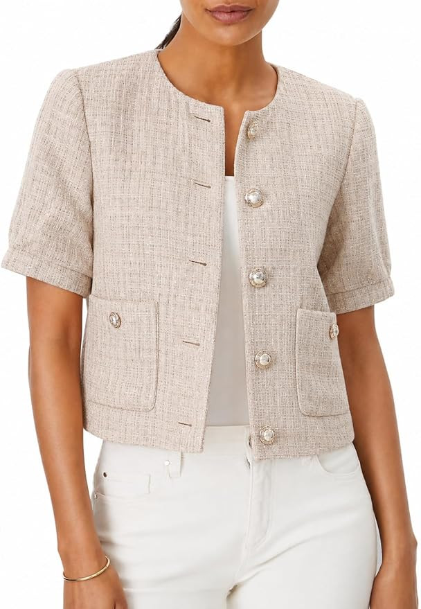 Puff Short Sleeve Tweed Jacket Women Cropped Blazer Summer Open Front Casual Office Work Coat | Amazon (US)