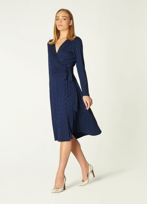 Khloe Navy and Green Spot Jersey Wrap Dress | L.K. Bennett (UK)