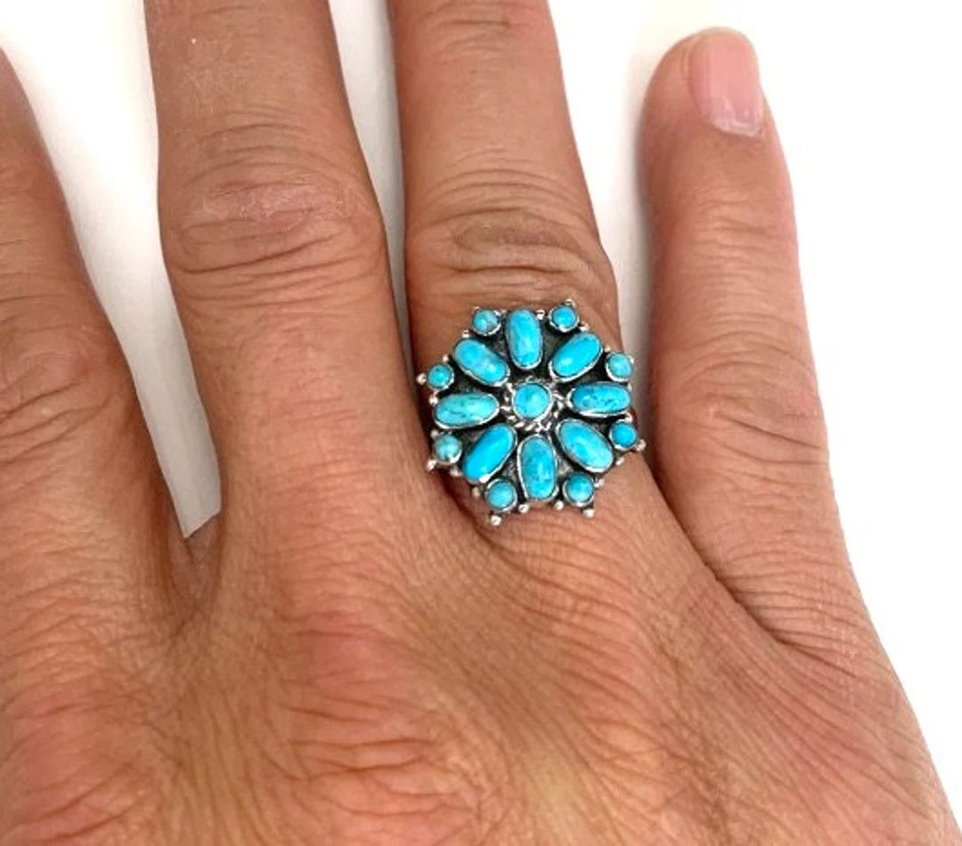 Kingman Turquoise 925 Sterling Silver Cluster Ring Size 7,8,9,10 - Etsy | Etsy (US)