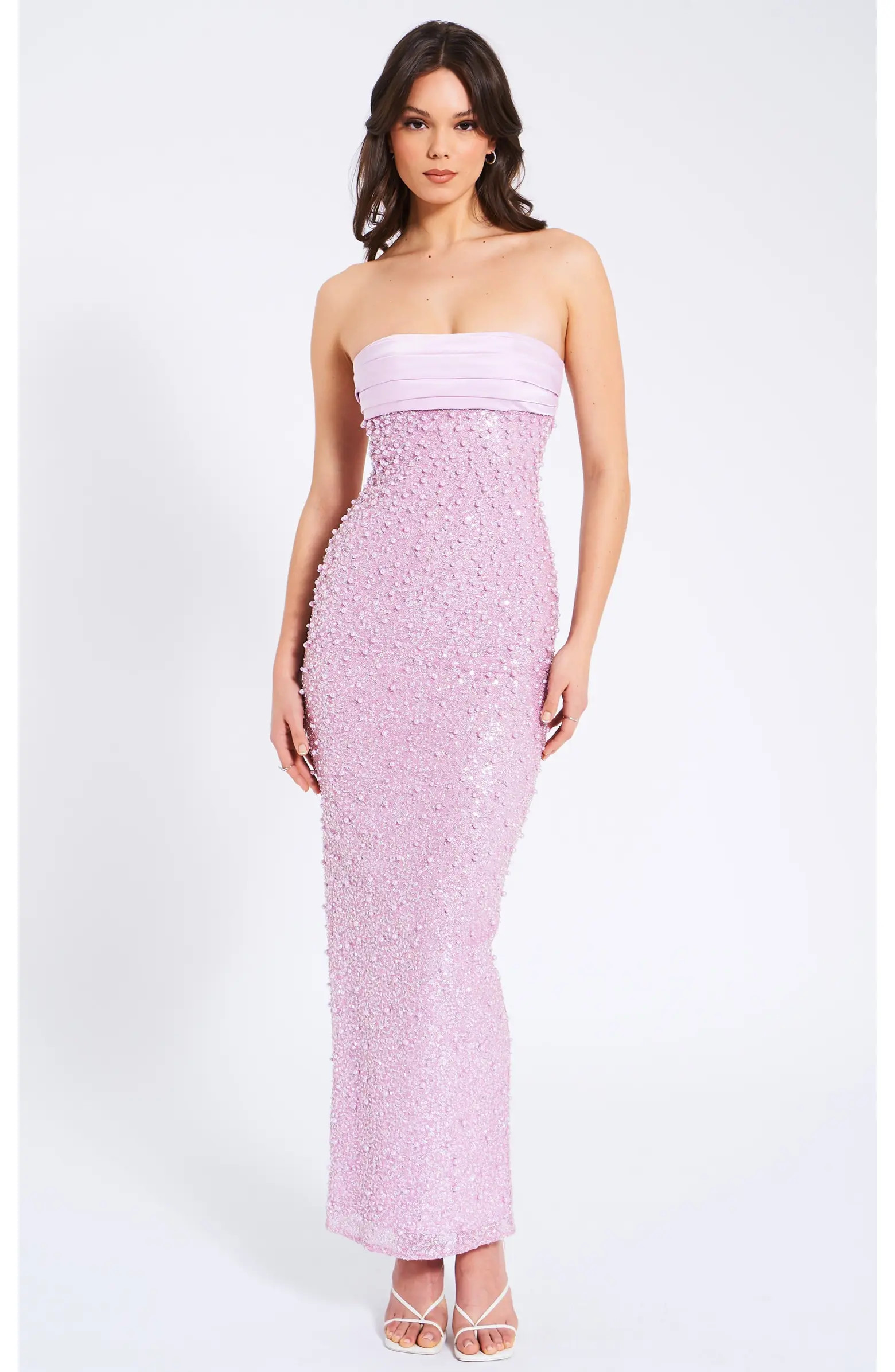 Lainey Satin Strapless Party Sequin Pearl Beaded Maxi Dress | Nordstrom