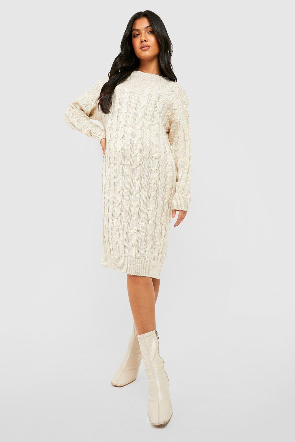 Womens Maternity Round Neck Cable Knit Sweater Dress - Cream - Xl | Boohoo.com (US & CA)