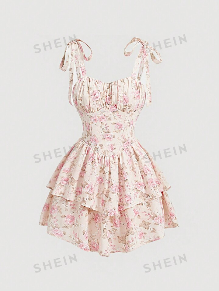 SHEIN MOD Dames Bloemenprint Geplooide buste Cami Veel kleurig Jurken | SHEIN