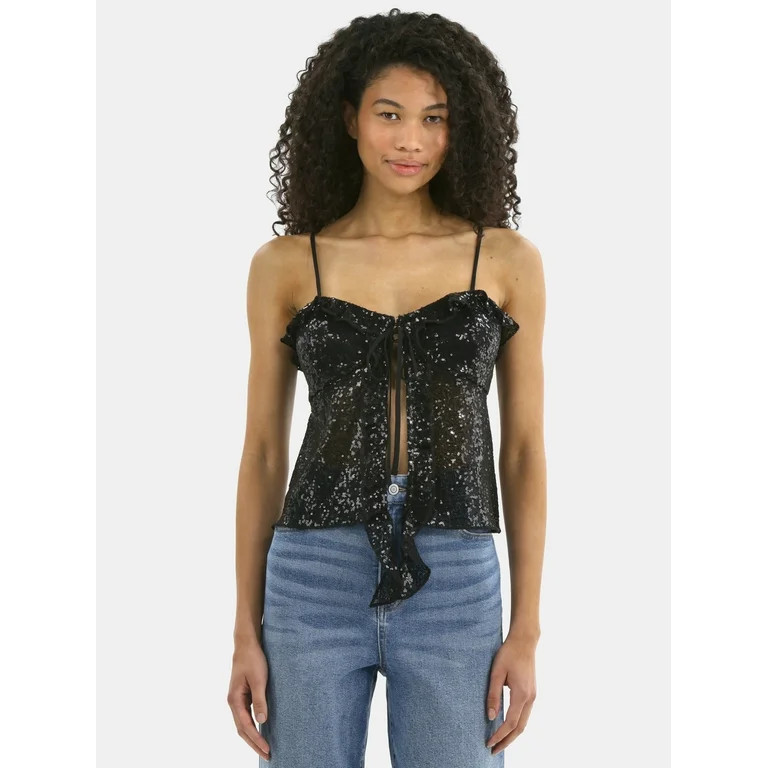 No Boundaries Sequin Ruffle Tie Front Cami, Women's | Walmart (US)